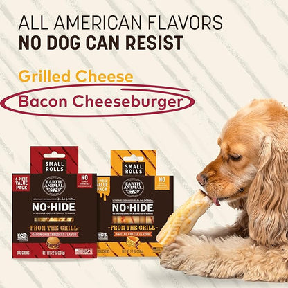 Earth Animal No Hide Chews - from the Grill Rolls Bacon Cheeseburger Flavor Rawhide Free Small Dog Chews - 6 Count