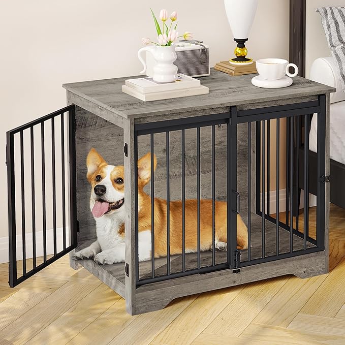 Hzuaneri 31.9" Dog Crate Furniture with Barn Door, Heavy Duty Dog Kennel Indoor with 2 Doors, Wooden Pet Cage End Table for Small Medium Dogs up to 44 lb, Anti-Chew Anti-Escape, Greige DFC83605B