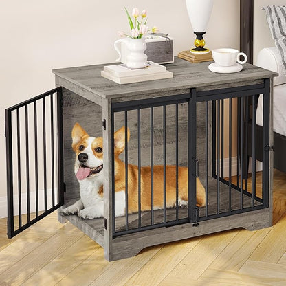Hzuaneri 31.9" Dog Crate Furniture with Barn Door, Heavy Duty Dog Kennel Indoor with 2 Doors, Wooden Pet Cage End Table for Small Medium Dogs up to 44 lb, Anti-Chew Anti-Escape, Greige DFC83605B