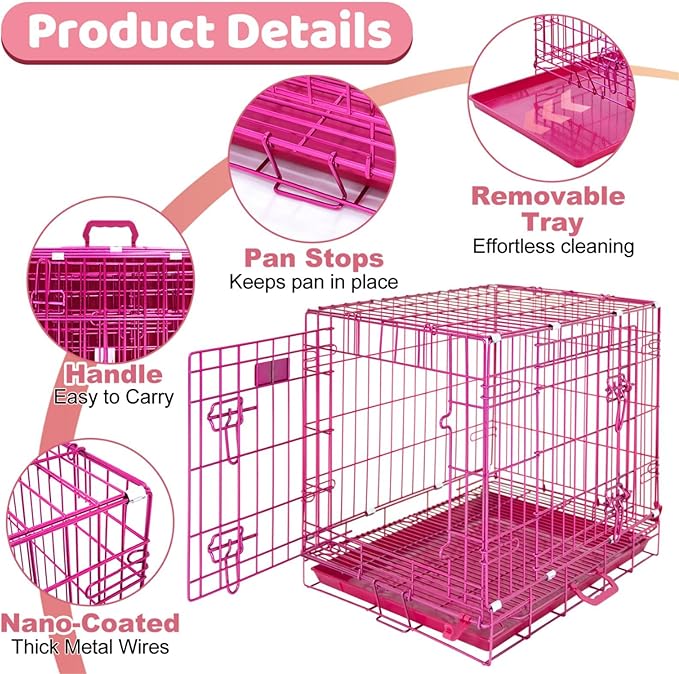 HOMEY PET 24 Inch Small Dog Crate, Cute Pink Puppy Cage Collapsible Dog Kennel Indoor, Nano-Coated Metal Wire Dog Crate with Removable Floor Grid Tray, Double Doors Dual Locks, Portable Handle