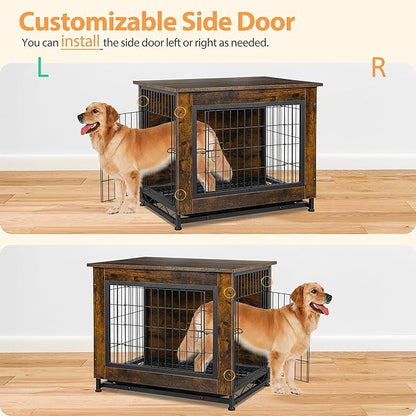 Shintenchi Wooden Dog Crate Furniture for Large Breed, L Double-Door Kennel Indoor with Removable Tray, End Table L Dog Crate for Decoration, 44.1" L, Brown