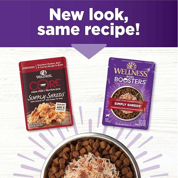 Wellness Bowl Boosters Simply Shreds Wet Dog Food Topper for Small, Medium, and Large Breeds, Grain Free, Natural, Beef and Carrots Recipe, 2.8 oz, Pack of 12 Pouches