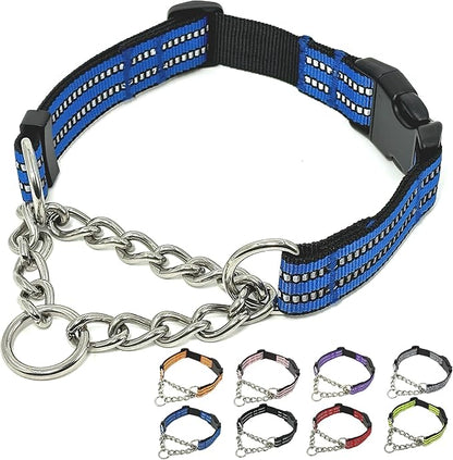 Martingale Dog Collars, Reflective Nylon Collar with Stainless Steel Chain, Adjustable Walking Training Dog Collars with Quick Release Buckle, Suitable for Small Medium Large Dogs(Blue,L)