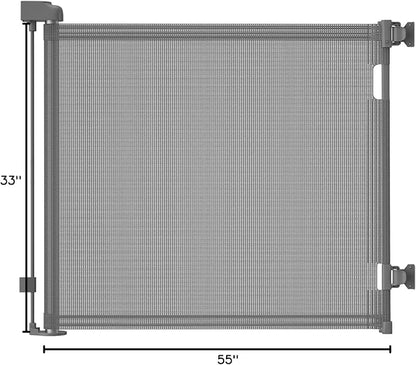 Retractable Baby Gate for Stairs – 33” Height, Expands up to 55” Width – Safety Gate for Infants, Toddlers, Dogs & Pets – Easy Install, Secure Closure, Gray Mesh Design for Indoor & Outdoor Use