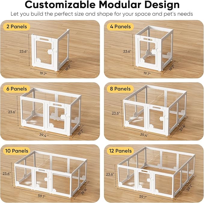24” Acrylic Clear Dog Play Pen Indoors 8 Panels, Puppy Playpen with Door for Small Dogs Puppies, Transparent Plastic Pet Playpen Cage Fence Crate Kennel for Cat Kitten Rabbit Bunny Ferret etc