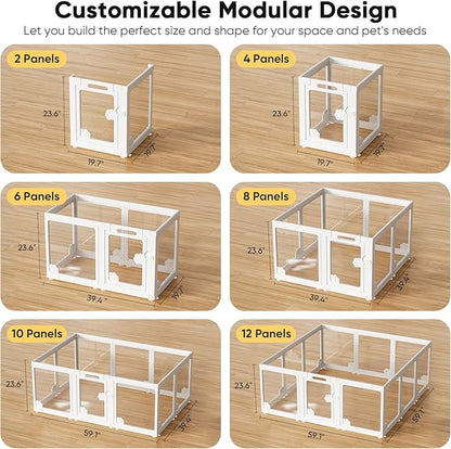 24” Acrylic Clear Dog Play Pen Indoors 8 Panels, Puppy Playpen with Door for Small Dogs Puppies, Transparent Plastic Pet Playpen Cage Fence Crate Kennel for Cat Kitten Rabbit Bunny Ferret etc