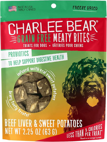 Charlee Bear Grain Free Meaty Bites Freeze Dried Dog Treats, Beef Liver and Sweet Potato, 2.25 Ounce Resealable Bag, Training Treats or Meal Topper Dogs, High Protein Snacks, Made in USA