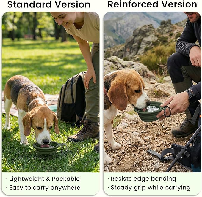 OHMO Collapsible Dog Water Bowls w/Built-in Stainless Steel Ring – 2pcs Small 12oz/400ml Portable Silicone Pet Feeding Bowl for Hiking, Camping, Travel