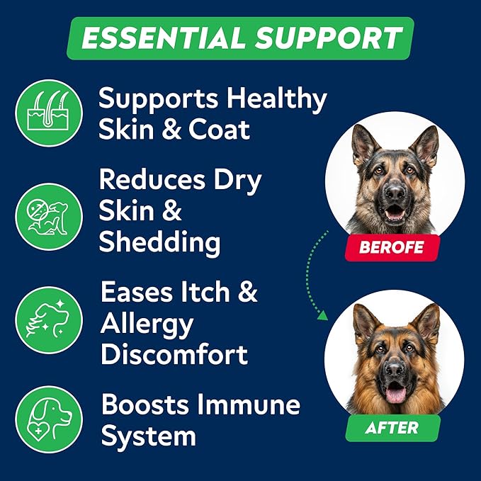 STRELLALAB Fish Oil Omega 3 6 9 Chews for Dogs - Allergy and Itch Relief - Flea and Tick Chews for Dogs - Skin and Coat Supplement - Shedding, Itchy Skin Relief - 170Ct - Chicken Liver