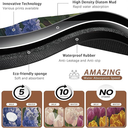 Tulip Lavender Pet Feeding Mat,Vintage Flower Fields Absorbent Quick-Dry Cat Dog Food and Water Bowl Mats,Non-Slip Rubber Backing Mat,Cat Dog Accessories Supplies 12"x20"