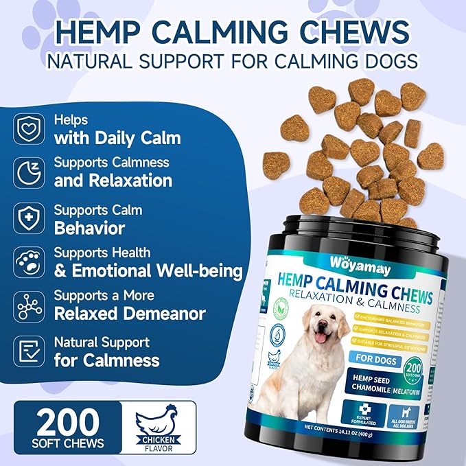 Woyamay Hemp Calming Chews for Dogs, 200 Treats Dog Calming Chews for Anxiety & Stress Relief, Anxiety Relief Treats for Dogs with Hemp Oil, Melatonin Dog Calm Treats for Stress|Sleep|Separation