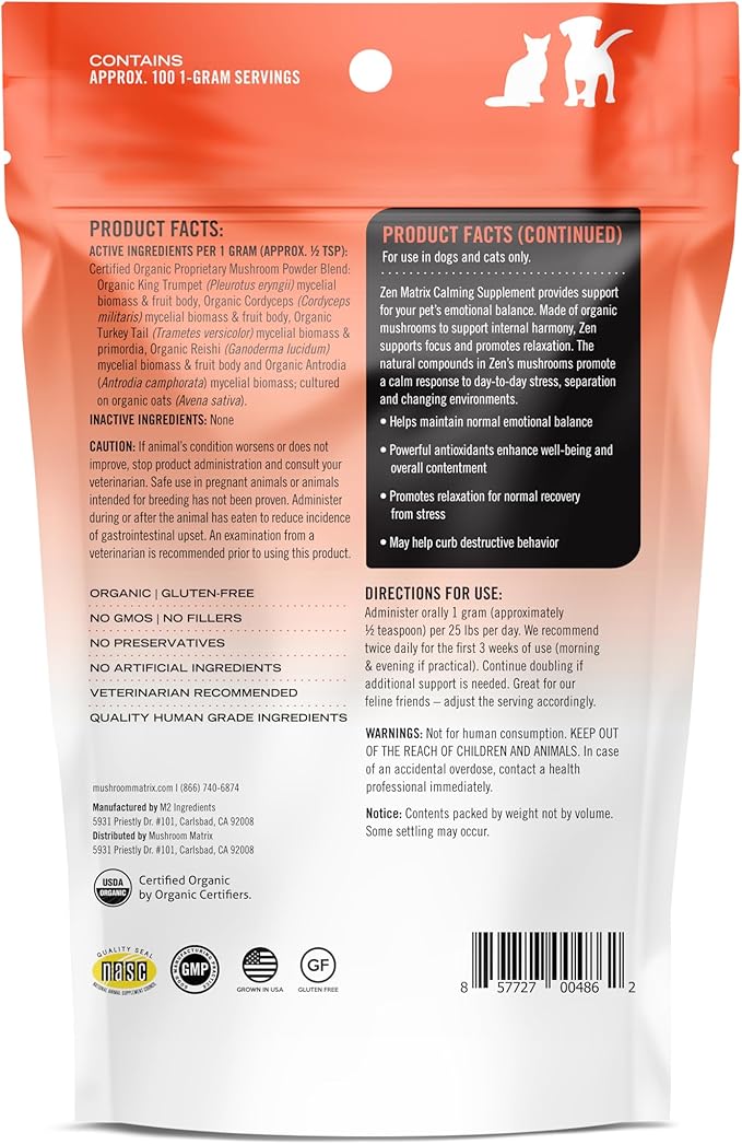 Om Mushroom Matrix Pet - Canine | Zen Matrix Mushroom Blend | USA Grown Human-Grade Organic Mushroom Powder Pet Supplement | Calming Soothing Support for Dogs & Cats | 100 Grams, 3.5 oz