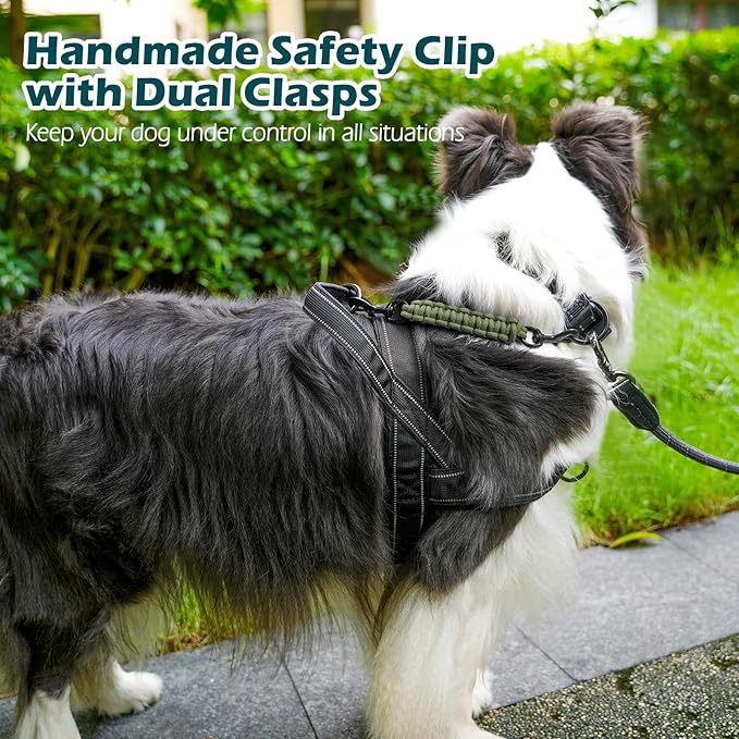 PetBonus Dog Collar Safety Clip, Handmade Backup Safety Strap for Dog Harness, Prong, Pinch Collar, Double Ended Clasp Leash Connector (Army Green)
