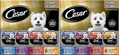Cesar Loaf in Sauce Wet Dog Food Rotisserie Chicken,Filet Mignon,Angus Beef,and Ham & Egg Flavors Variety Pack,Wet Food for Dogs,3.5 oz Easy Peel Trays,24 Count (Pack of 2)