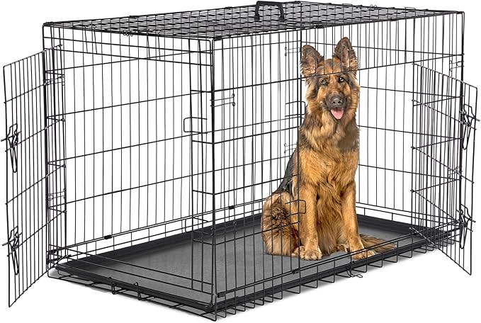 Dog Crate - Extra Large 48 Inch Double Door Portable Dog Cage, Metal Wire Pet Kennel with Secure Lock, Leak-Proof Pan Tray, Foldable Design for Dogs Pets Indoor Training and Outdoor Trave