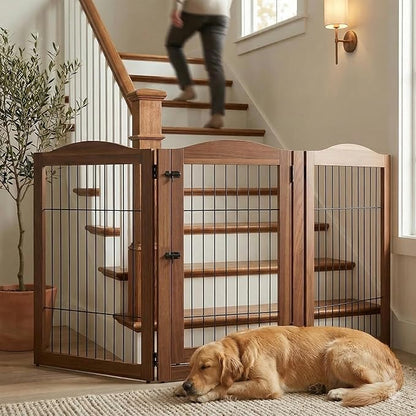 unipaws 31.5 Inch Height Pet Gate with Wood and Wire, 66 Inch Wide Freestanding Walk Through Dog Gate, Foldable Stairs Barrier for Dogs Cats