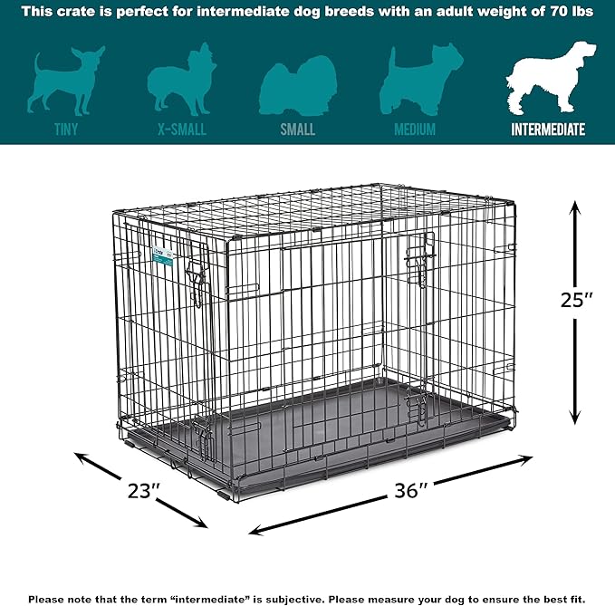 MidWest Homes for Pets 36-Inch iCrate for Medium-Large Breeds, 41-70 lbs, Double Door Folding Dog Crate with Divider Panel, Leak-Proof Tray & Secure Latches, Portable, Durable & Easy to Assemble