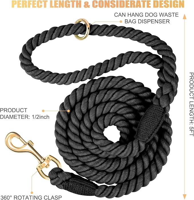 Dog Leash 5 FT Handmade Braided Cotton Rope Leashes for Small Medium and Large Dogs, New Golden Heavy Duty Metal Clasp, Black