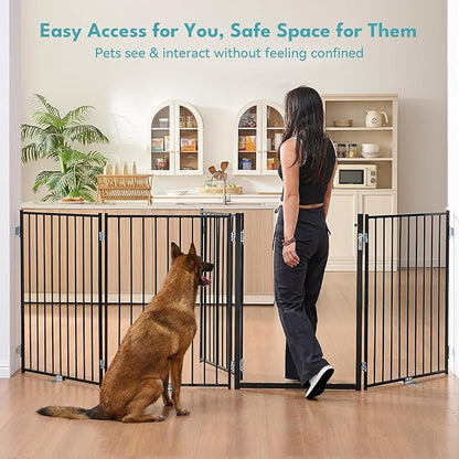 No Pawblems Free Standing Dog Gate with Door, 36'' Tall Foldable Dog Fence for Indoor & Outdoor, Up to 104 Inch Extra Wide Puppy Gate for Stairs, Hallways, Doorways, Deck, Yard (Black, 4 Panels)