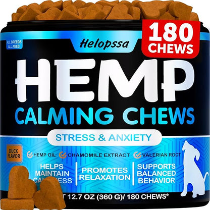 Hemp Calming Chews for Dogs with Anxiety and Stress - 180 Soft Dog Calming Treats - Dog Anxiety Relief - Storms, Fireworks, Thunder, Barking, Separation Aid - Valerian Root - L-Tryptophan - Hemp Oil