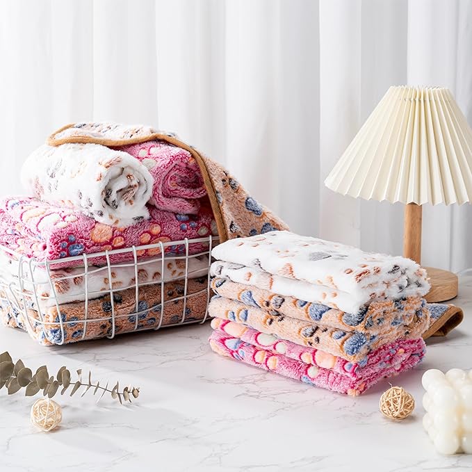1 Pack 3 Blankets Super Soft Fluffy Premium Fleece Pet Blanket Flannel Paw Printed Throw for Dog Puppy Cat (Medium 30x20'', Purple, Pink, Brown)