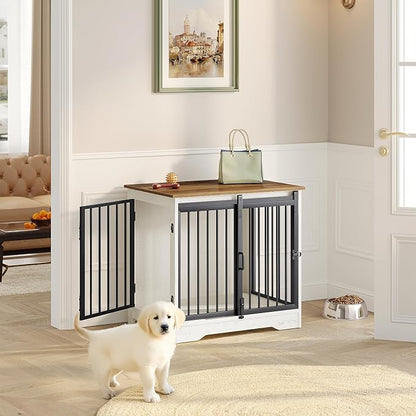Hzuaneri 27.2" Dog Crate Furniture with Barn Door, Heavy Duty Dog Kennel Indoor with 2 Doors, Wooden Pet Cage End Table for Small Medium Dogs up to 22 lb, Anti-Chew Anti-Escape, White Brown DFC84314B