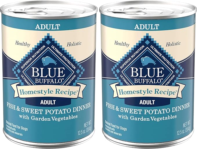 Blue Buffalo Homestyle Recipe Adult Wet Dog Food,Made with Natural Ingredients,Fish & Sweet Potato Dinner with Garden Vegetables,12.5-oz can,(Pack of 24)