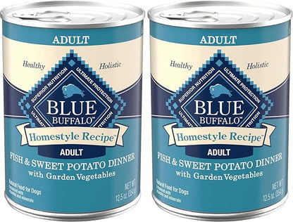 Blue Buffalo Homestyle Recipe Adult Wet Dog Food,Made with Natural Ingredients,Fish & Sweet Potato Dinner with Garden Vegetables,12.5-oz can,(Pack of 24)