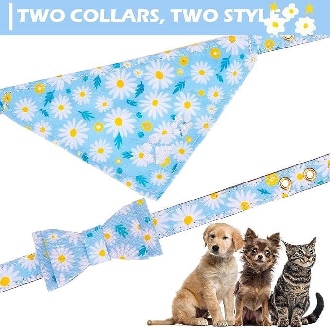 EXPAWLORER Small Collar and Leash Set - Embroidery Pawprints with Bow Tie and Bandana Collar with Bell, Soft Tangle Free Leash for Dogs Cats Outdoor Walking, Holiday Ideal Gift Blue Daisy S