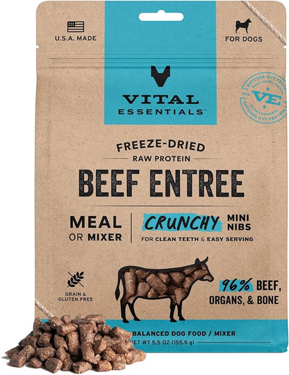 Vital Essentials Freeze Dried Dog Food, Raw Beef Crunchy Mini Nibs | Complete Meal or Topper | 96% Beef, Organs & Bone | Limited Ingredient, High Protein, Grain Free Dry Dog Food | 5.5 oz Bag