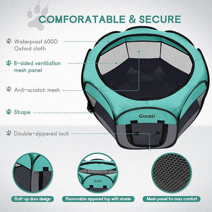 Goozii Pet Cat Playpen for Indoor Cats Enclosed, Puppy Dog Play Pen for Outdoor Travel Camping (Small Size, Green & Dark Grey)