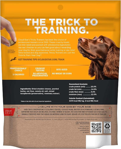 Cloud Star Tricky Trainers Crunchy Dog Training Treats 8 oz Pouch, Cheddar Flavor, Low Calorie Behavior Aid with 450 treats.