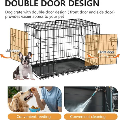 FDW Dog Crate 42-Inch Dog Cage Foldable Metal Kennel with Leakproof Tray Foldable Design Indoor Outdoor Use for Large Dogs,Dark Black