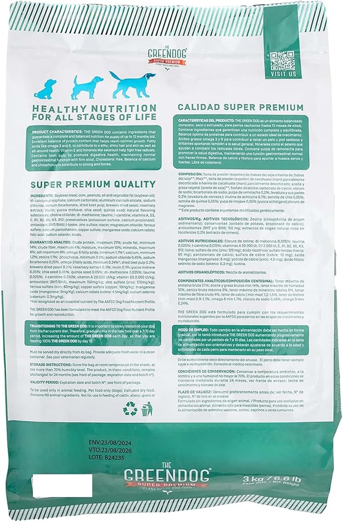 The Green Dog: Super Premium - Puppies - 6.6 Lb Bag Dog Food - Plant Based Protein, Vegan Dry Pet Kibble, Gluten Free, Complete Nutrition