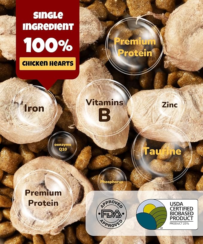 Freeze Dried Chicken Heart Treats for Dogs, Cats, Single Ingredient, Food Topper, Rich in Taurine, Organ Meat Nutrition, Freeze Dried Chicken Hearts High Protein, Training Treats 3.2oz
