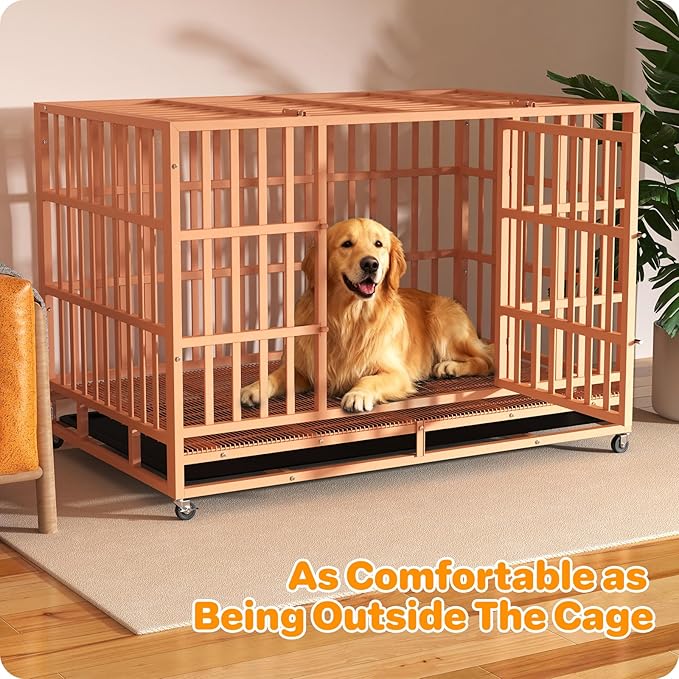 Hiwokk 48 Inch Heavy Duty Dog Crate, Indestructible Escape-Proof Dog Kennel for High Anxiety Large Dogs, Strong Metal Pet Cage with Double Doors, Lockable Wheels & Removable Tray, XL XXL XXXL