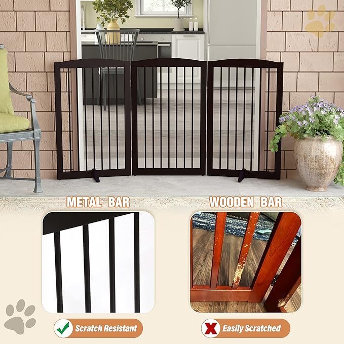 PUPETPO Freestanding Pet Gate for Dogs, Foldable Wooden Dog Gate for House Indoor, Tall Pet Fence for Stair, Doorway,Hall, Support Feet Included, 3 Panels 32",Brown
