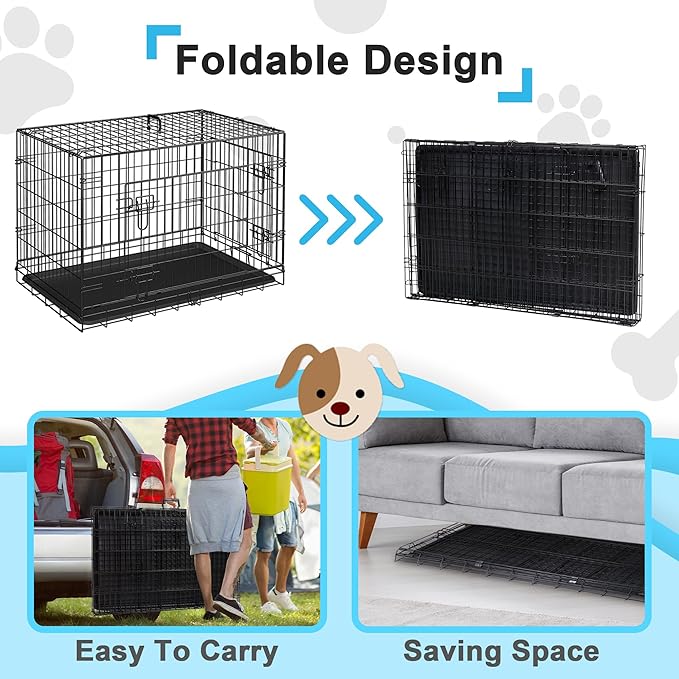 ZENY 30/36/42 inch Dog Crate Double Door Folding Metal Dog or Pet Crate Kennel with Tray and Handle