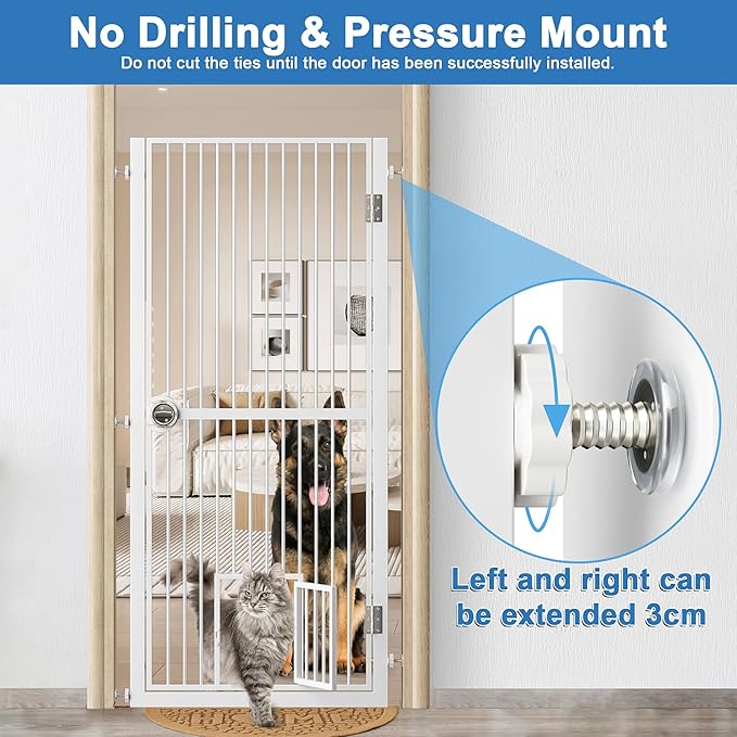 Extra Tall Cat Gate for Doorway, Adjustable Wide Dog Door with Cat Door, 1.37" Gap for Pet Gates, Suitable for Doorways or Kitchen, No Drilling Pressure Mount Kit (White, 34.3"-36.7"/87.3cm-93.3cm)