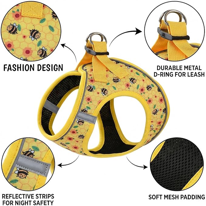 Mihqy Step in Dog Harness and Leash Set, Reflective Adjustable No Pull Dog Harness for Extra-Small/Small Dogs Puppy and Cats, Soft Padded Mesh Vest Harnesses for Girl and Boy Pets(Bee,XXS)