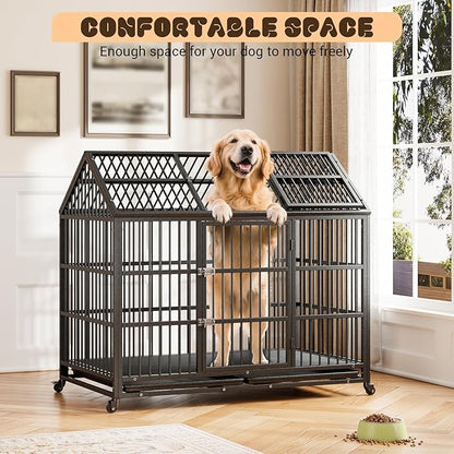 Heavy Duty Dog Crate, 52 Inches Large Metal Dog Kennel with Roof Top, 2 Door Pet Cage with Removable Tray and Wheels for High Anxiety Large Giant Breeds