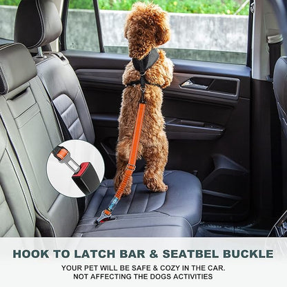 Dog Seat Belt 3-in-1 Car Harness for Dogs Adjustable Safety Seatbelt for Car Nylon Reflective Bungee Fabric Dog Car Harness with Clip Hook Latch & Buckle, Swivel Zinc Alloy Carabiner (Orange)