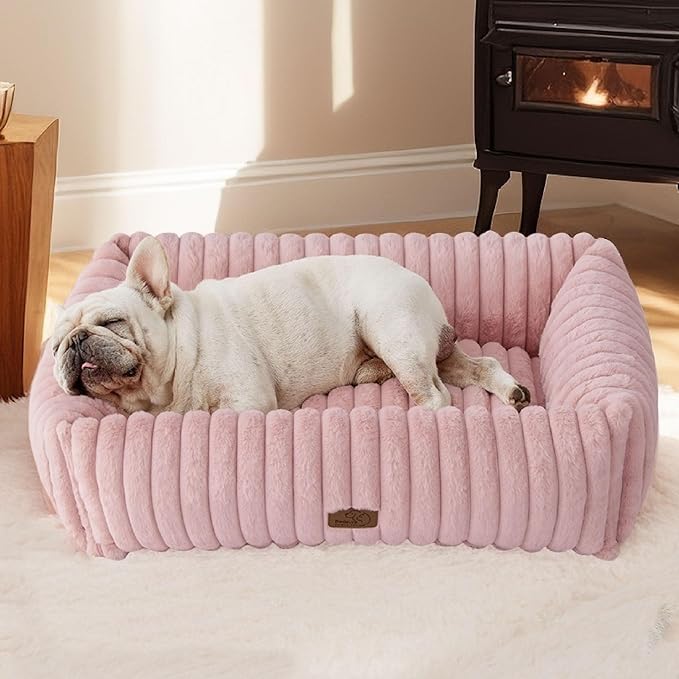 Bedsure ComfyFleece™ Washable Dog Bed for Medium Dogs - Cute Furry Puppy Beds, Rectangle Orthopedic Corduroy Fleece Pet Beds with Removable Zipper Cover, 30x24x8inches, Blush Pink