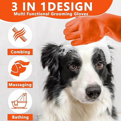 Pet Grooming Gloves—Heat Resistant Dog Washing Gloves with High-Density Teeth, Dog Bath Scrubber with Enhanced Five Finger Design, Silicone Gloves for Dogs and Cats Bathing, Massage (Orange)