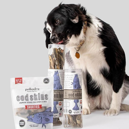 Polkadog Cod Skins for Dogs (2lb Shortie) - Single Ingredient, Wild-Caught Fish Skin Natural Dog Treat Chews. High in Lean Protein & Omega 3. Hypoallergenic, Grain Free. Handcrafted & Made in USA