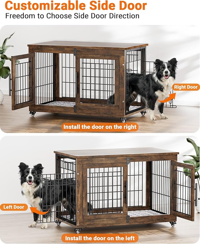 Dog Crate Furniture with Cushion Set of 2, Large Wooden Dog Kennel Indoor with Double Doors, Dog Cage with Wheels, Dog House Side End Table for Large Medium Dogs up to 70 lb, 38.5” L, Rustic Brown