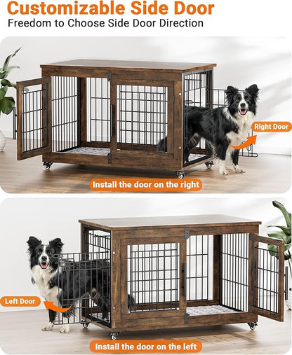 Dog Crate Furniture with Cushion Set of 2, Large Wooden Dog Kennel Indoor with Double Doors, Dog Cage with Wheels, Dog House Side End Table for Large Medium Dogs up to 70 lb, 38.5” L, Rustic Brown