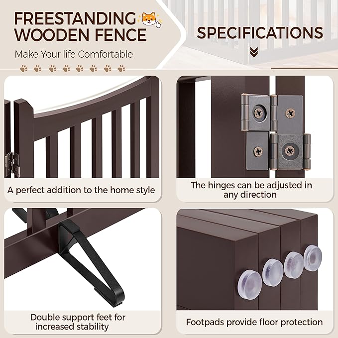 Yaheetech 36" H Extra Tall Freestanding Pet Gate 4-Panel Wooden Dog Fence with 2 Support Feet Folding Dog Gate for Indoor, Stairs, Doorway, Halls, Kitchen Wooden Pet Barrier Espresso, 79.5" L x 36" H