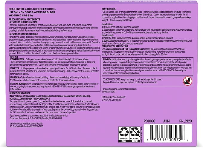 Amazon Basics Preventative Flea and Tick Topical Treatment for Dogs, Large (45-88 lbs), Fast Acting and Long Lasting, 3 Counts, Packaging May Vary