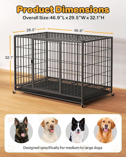 HIWOKK 48 Inch Large Dog Crate, Escape Proof Dog Cage with Dual Door Lock and Swivel Casters,Removable Tray for Easy Cleaning, Dog Kennel Indoor Outdoor Use